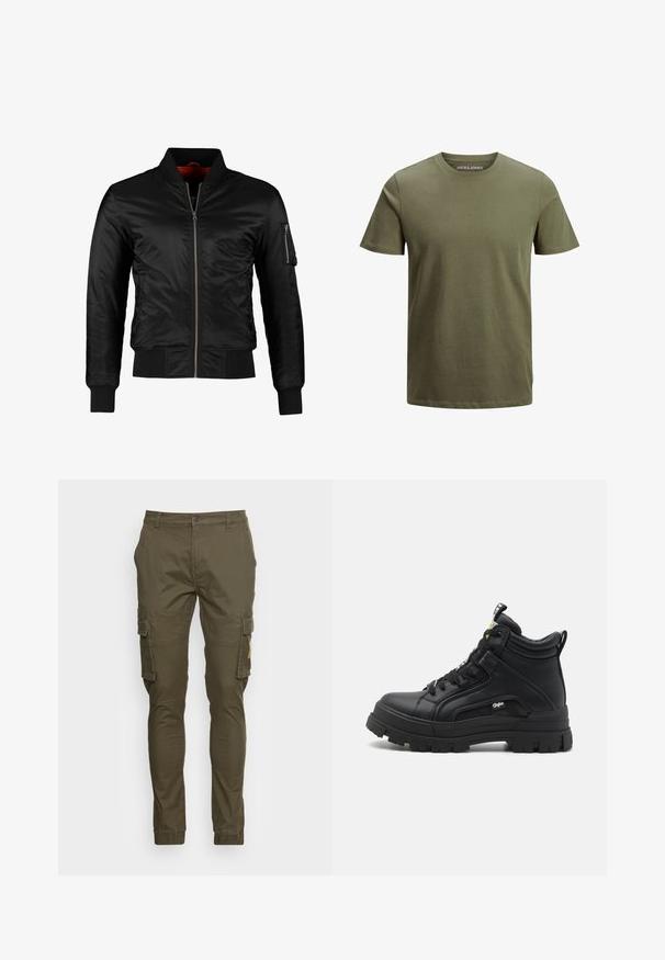 Zwarte bomberjack gemaakt van glanzend nylon met een ritssluiting aan de voorkant, ribgebreide manchetten en een ritszak op de linkermouw. De binnenkant is felrood.; Olijf groene t-shirt met korte mouwen van katoen, met een ronde hals en een relaxte pasvorm. Merklabel zichtbaar aan de binnenkant van de hals.; Olijfgroene cargobroek van katoen, met zijzakken, een slim fit en omgeslagen broekspijpen. Rechte voorkant met een knoopsluiting.; Zwarte hoge schoenen van gestructureerd leer, met een dikke rubberen zool, vetersluiting aan de voorkant en een klein logo detail aan de zijkant.