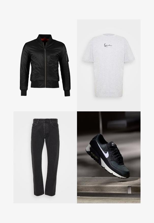 Sort bomberjakke lavet af skinnende nylon med frontlynlås, ribbede manchetter og en lynlåslomme på venstre ærme. Indersiden er lys rød.; Grå kortærmet t-shirt lavet af bomuld. Har en rund halsudskæring og et sort håndskrevet logo på fronten. Blød tekstur.; Herre sorte lige ben denim jeans med frontknap og lynlås, fem lommer og bæltestropper på en ensfarvet hvid baggrund.; Sort og grå Nike Air Max sneaker med hvid swoosh, ophængt over en betongulv mod en sløret mørk baggrund.