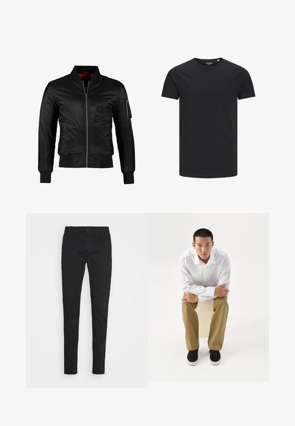 Schwarze Bomberjacke aus glänzendem Nylon mit einem Frontreißverschluss, gerippten Bündchen und einer Reißverschlusstasche am linken Ärmel. Das Innenfutter ist leuchtend rot.; Schwarzes Baumwoll-T-Shirt mit Rundhalsausschnitt, kurzen Ärmeln und schlichtem Design. Glatte Textur, keine Muster oder sichtbare Beschläge.; Schwarze, schlank geschnittene Hose aus Baumwollmischgewebe, mit einem Knopfverschluss vorne, fünf Taschen und einer glatten, matten Oberfläche.; Junger Mann in weiß gestreiftem Hemd und khakifarbener Hose sitzt nach vorne gelehnt auf einem Hocker mit verschränkten Armen und schaut direkt geradeaus vor weißem Hintergrund.