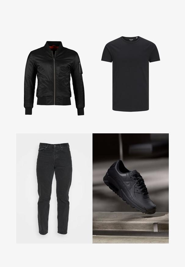 Sort bomberjakke lavet af skinnende nylon med frontlynlås, ribbede manchetter og en lynlåslomme på venstre ærme. Indersiden er lys rød.; Sort bomulds T-shirt med rund hals, korte ærmer og et enkelt design. Glat tekstur, ingen mønstre eller synligt tilbehør.; Sorte denimjeans med lige pasform, fem lommer, frontlukning med knap og kontrastsyninger. Glat tekstur med let slid synligt.; Sorte Nike Air Max-sneakers med en struktureret læderoverdel, gummisål og fremtrædende snøresystem, der viser et slankt, moderne design.