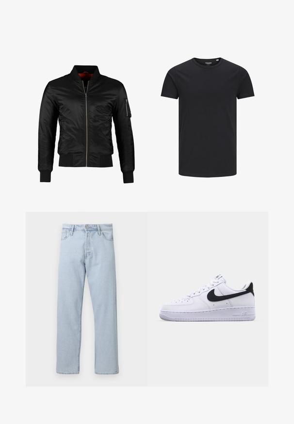 Veste bomber noire en nylon brillant avec une fermeture éclair à l'avant, des poignets côtelés et une poche zippée sur la manche gauche. L'intérieur est de couleur rouge vif.; T-shirt en coton noir avec un col rond, des manches courtes et un design simple. Texture lisse, sans motifs ni éléments visibles.; Jean droit en denim bleu clair avec fermeture par bouton et zip à l’avant, passants de ceinture et poches avant sur fond blanc.; Sneaker en cuir blanc avec un Swoosh noir texturé, des lacets plats et une semelle en caoutchouc avec un motif strié. "AIR" est embossé sur le talon.