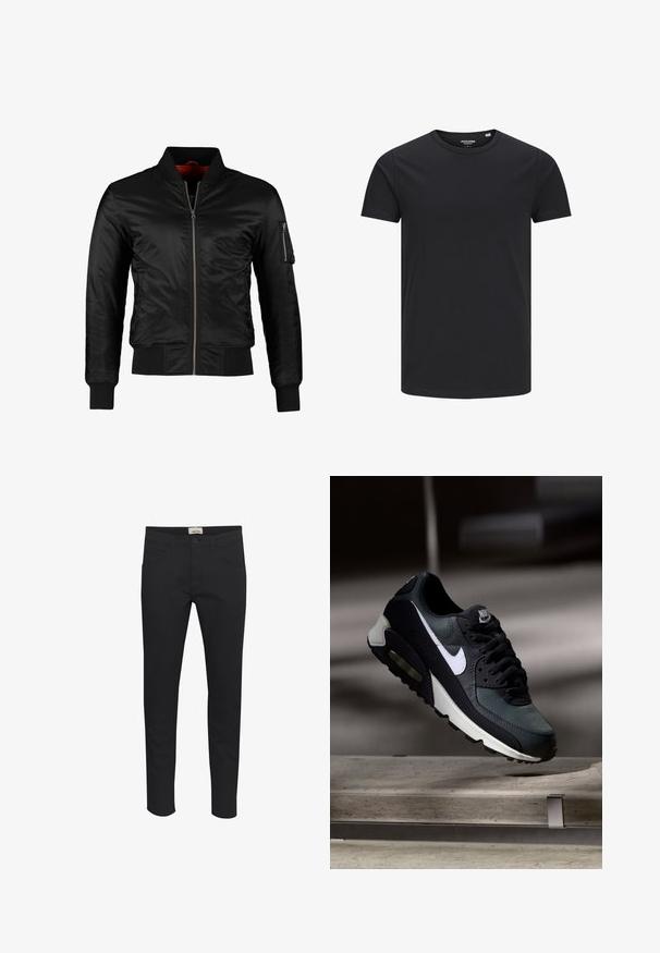Schwarze Bomberjacke aus glänzendem Nylon mit einem Frontreißverschluss, gerippten Bündchen und einer Reißverschlusstasche am linken Ärmel. Das Innenfutter ist leuchtend rot.; Schwarzes Baumwoll-T-Shirt mit Rundhalsausschnitt, kurzen Ärmeln und schlichtem Design. Glatte Textur, keine Muster oder sichtbare Beschläge.; Schwarze Hosen aus solidem Fabric, mit regulärer Passform, fünf Taschen-Design und Knopfverschluss. Elegant und vielseitig.; Schwarzer und grauer Nike Air Max Sneaker mit weißem Swoosh, schwebend über einer Betonfläche vor einem verschwommenen dunklen Hintergrund.