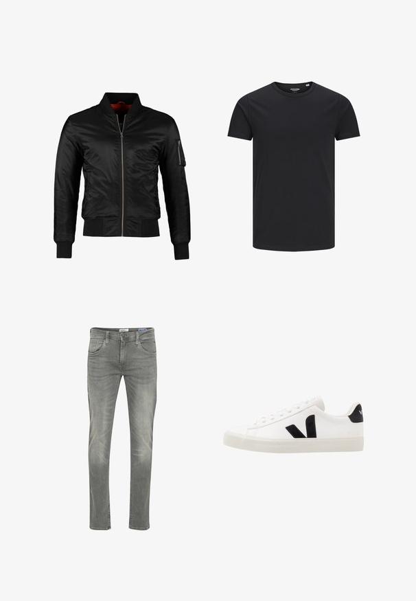 Schwarze Bomberjacke aus glänzendem Nylon mit einem Frontreißverschluss, gerippten Bündchen und einer Reißverschlusstasche am linken Ärmel. Das Innenfutter ist leuchtend rot.; Schwarzes Baumwoll-T-Shirt mit Rundhalsausschnitt, kurzen Ärmeln und schlichtem Design. Glatte Textur, keine Muster oder sichtbare Beschläge.; Graue Denim-Jeans mit schmaler Passform, Fünf-Taschen-Design, dezentem Used-Look und Reißverschluss mit Knöpfen.; Weiße Leder-Sneaker mit schwarzen Wildlederelementen; verfügen über eine Gummisohle, eine runde Spitze und ein klassisches Schnürdesign. Seitliches Logo in Schwarz.