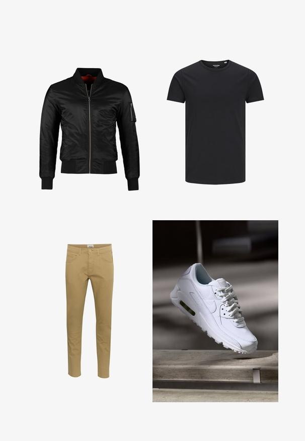 Schwarze Bomberjacke aus glänzendem Nylon mit einem Frontreißverschluss, gerippten Bündchen und einer Reißverschlusstasche am linken Ärmel. Das Innenfutter ist leuchtend rot.; Schwarzes Baumwoll-T-Shirt mit Rundhalsausschnitt, kurzen Ärmeln und schlichtem Design. Glatte Textur, keine Muster oder sichtbare Beschläge.; Beige Chinos im Slim-Fit. Hergestellt aus einem Baumwollmischgewebe, mit zwei seitlichen Taschen und einer einzelnen Gesäßtasche, abgeschlossen mit einer Knopfschließe.; Weiße Lederturnschuhe mit strukturierten Oberflächen, gepolstertem Kragen und sichtbarer Luftpolsterung in der Sohle. Verfügt über Schnürsenkel und ein minimalistisches Design.