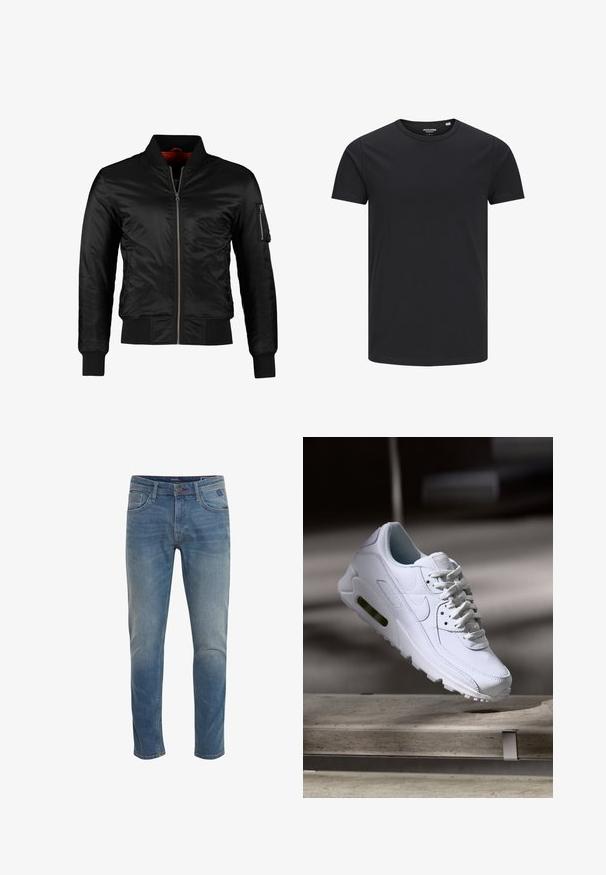 Chaqueta bomber negra hecha de nylon brillante con cierre frontal, puños acanalados y un bolsillo con cremallera en la manga izquierda. El interior es de un rojo brillante.; Camiseta de algodón negra con cuello redondo, mangas cortas y un diseño sencillo. Textura suave, sin patrones ni herrajes visibles.; Vaqueros clásicos de mezclilla azul con corte recto, lavado claro, cinco bolsillos y un sutil detalle de arrugas. Cierre con botón metálico y cremallera.; Zapatilla blanca de piel con superficies texturizadas, cuello acolchado y amortiguación de aire visible en la suela. Presenta cordones y un diseño minimalista.