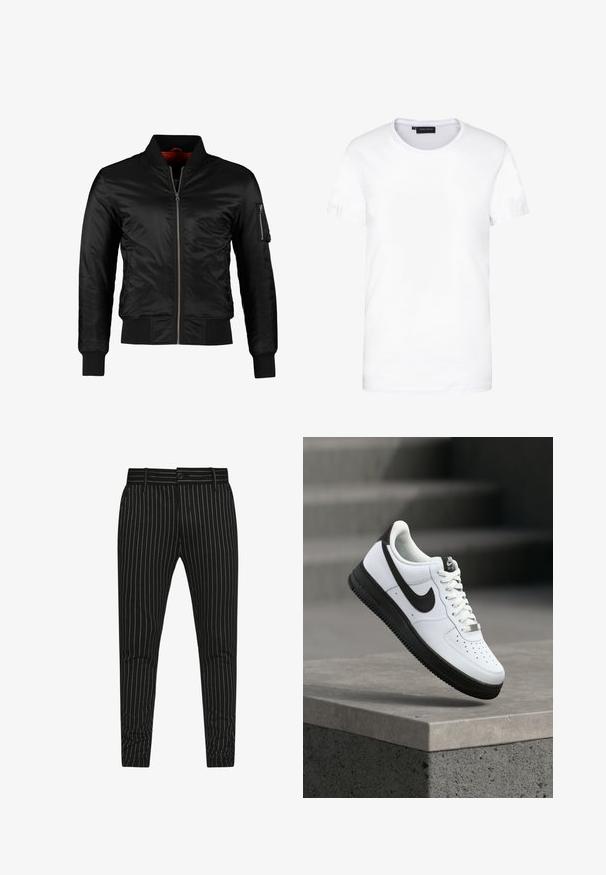 Schwarze Bomberjacke aus glänzendem Nylon mit einem Frontreißverschluss, gerippten Bündchen und einer Reißverschlusstasche am linken Ärmel. Das Innenfutter ist leuchtend rot.; Weißes Baumwoll-T-Shirt, kurze Ärmel, runder Halsausschnitt, schlichtes Design, weiche Textur, gerader Schnitt, normale Passform, keine sichtbaren Muster oder Akzente.; Schwarz gestreifte Hose mit vertikalen weißen Streifen, schlanker Schnitt und Knopfverschluss mit Gürtelschlaufen für eine verstellbare Passform.; Weißer Ledersneaker mit schwarzen Akzenten, abgerundetem Zehenbereich und perforierten Details. Schwarze Gummisohle mit strukturiertem Muster und Schnürverschluss.