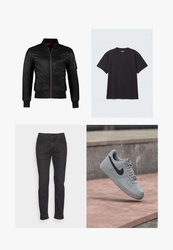 Schwarze Bomberjacke aus glänzendem Nylon mit einem Frontreißverschluss, gerippten Bündchen und einer Reißverschlusstasche am linken Ärmel. Das Innenfutter ist leuchtend rot.; Schwarzes T-Shirt mit kurzen Ärmeln aus Baumwolle. Hat einen Rundhalsausschnitt und eine lockere Passform. Einfaches Design ohne sichtbare Muster oder Akzente.; Schwarze Denim-Jeans mit schlankem Schnitt, ausgestattet mit fünf Taschen, Gürtelschlaufen und subtilen Stitching-Details. Abgenutzte Textur entlang des Stoffes.; Grauer Nike Air Force 1 Sneaker mit schwarzem Swoosh-Logo, weißer Sohle und Schnürsenkeln, schwebend in der Luft über einer Betonfläche.