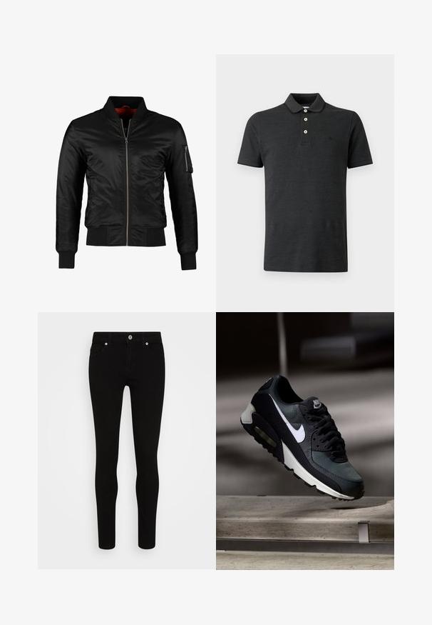Sort bomberjakke lavet af skinnende nylon med frontlynlås, ribbede manchetter og en lynlåslomme på venstre ærme. Indersiden er lys rød.; Sort polo t-shirt med korte ærmer, tre hvide knapper og en ribbet krave, vist mod en ensfarvet lys baggrund.; Sorte skinny jeans med en glat tekstur, fem lommer, frontlukning med knap og en slank silhuet. Minimalistisk stil uden synlige mønstre.; Sort og grå Nike Air Max sneaker med hvid swoosh, ophængt over en betongulv mod en sløret mørk baggrund.
