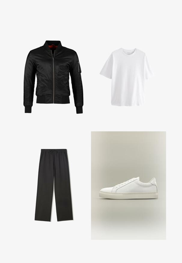 Sort bomberjakke lavet af skinnende nylon med frontlynlås, ribbede manchetter og en lynlåslomme på venstre ærme. Indersiden er lys rød.; Simpel hvid T-shirt med korte ærmer og rund hals med en afslappet pasform på hvid baggrund.; Sorte bukser med elastisk talje, snørebånd og sidelommer, med en afslappet pasform og lige ben.; Hvid lavtop sneaker med snørebånd foran og tyk sål, vist fra siden mod en neutral baggrund.