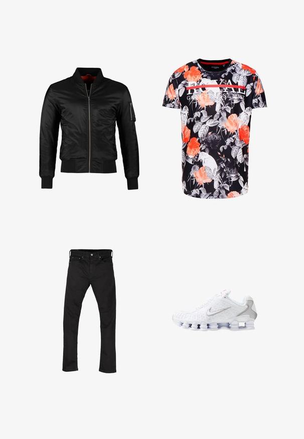 Sort bomberjakke lavet af skinnende nylon med frontlynlås, ribbede manchetter og en lynlåslomme på venstre ærme. Indersiden er lys rød.; Brave Soul RAVEN - T-shirts print - grey; Sorte denim jeans med lige ben-design, fem-lomme stil og metalknaplukning. Glat tekstur og ensartet farve hele vejen igennem.; Hvide sportssko med en tekstureret overdel, en sølvfarvet swoosh-logo, meshpaneler og en karakteristisk opdelt hvid sål.