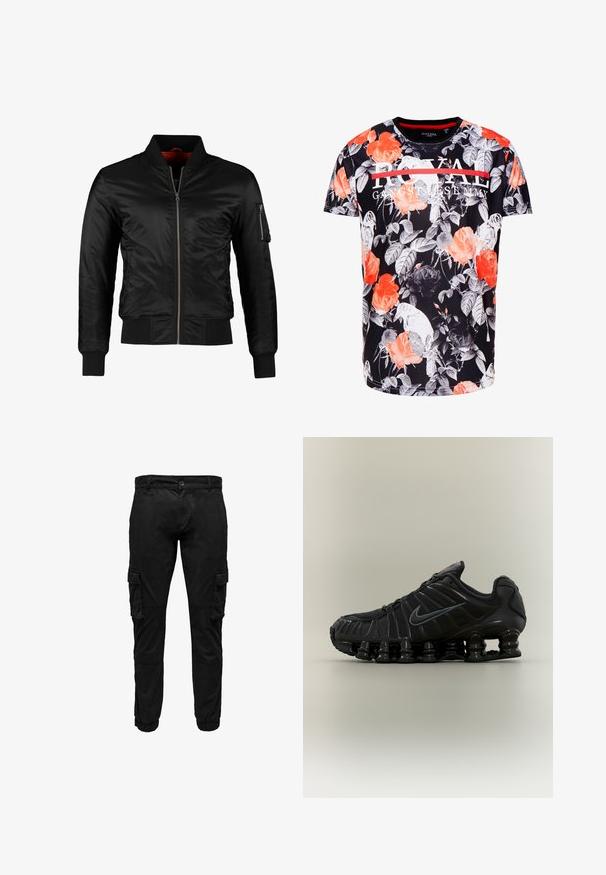 Veste bomber noire en nylon brillant avec une fermeture éclair à l'avant, des poignets côtelés et une poche zippée sur la manche gauche. L'intérieur est de couleur rouge vif.; Brave Soul RAVEN - T-shirt imprimé - grey; Pantalon cargo noir avec poches à rabat latérales, poignets élastiques, fermeture frontale par bouton et fermeture éclair.; Chaussure de course noire Nike avec semelle segmentée semblable à un ressort, dessus en mesh et logo Swoosh noir assorti sur le côté.