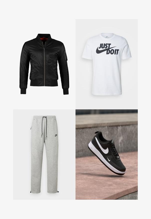 Zwarte bomberjack gemaakt van glanzend nylon met een ritssluiting aan de voorkant, ribgebreide manchetten en een ritszak op de linkermouw. De binnenkant is felrood.; Witte katoenen t-shirt met een opvallend zwart "Just Do It" logo en de Nike swoosh. Klassiek crew neck ontwerp met korte mouwen.; Grijze Nike trainingsbroek met een verstelbare tailleband, zijzakken en elastische boorden. Heeft een soepele textuur en contrasterende zwarte logo-details.; Zwart-witte Nike Air Force 1 sneaker zwevend boven een roze betonnen oppervlak met een achtergrond van grijze stenen.