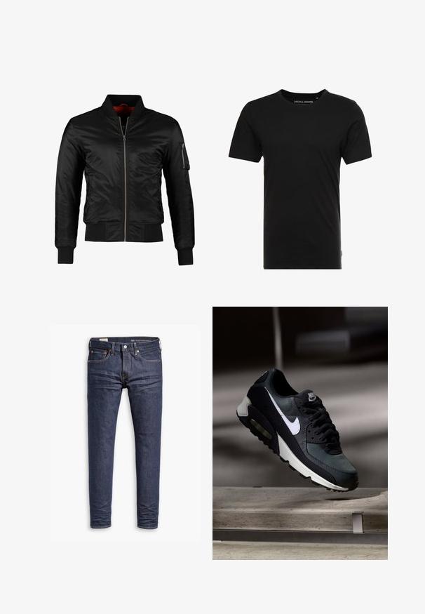 Sort bomberjakke lavet af skinnende nylon med frontlynlås, ribbede manchetter og en lynlåslomme på venstre ærme. Indersiden er lys rød.; Sort t-shirt med korte ærmer lavet af bomuld, med rund hals og en diskret logoetiket på siden. Simpelt og alsidigt design.; Mørkeblå slim-fit Levi's Performance jeans med fem lommer og synlig syning på hvid baggrund.; Sort og grå Nike Air Max sneaker med hvid swoosh, ophængt over en betongulv mod en sløret mørk baggrund.