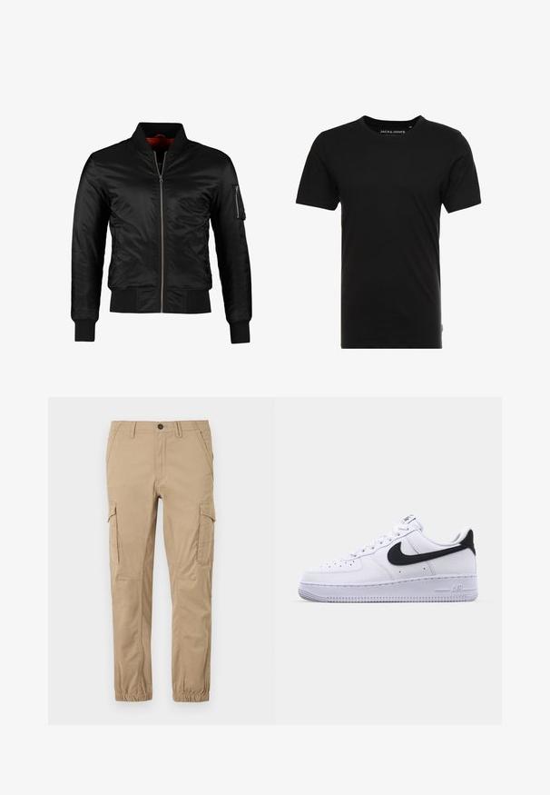 Veste bomber noire en nylon brillant avec une fermeture éclair à l'avant, des poignets côtelés et une poche zippée sur la manche gauche. L'intérieur est de couleur rouge vif.; T-shirt noir à manches courtes en coton, avec un col rond et une étiquette logo discrète sur le côté. Design simple et polyvalent.; Pantalon cargo beige avec poignets élastiques, poches à rabat sur les cuisses, poches latérales, et une fermeture à bouton à la taille.; Sneaker en cuir blanc avec un Swoosh noir texturé, des lacets plats et une semelle en caoutchouc avec un motif strié. "AIR" est embossé sur le talon.