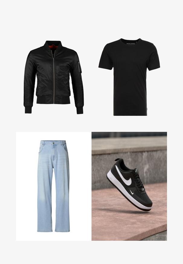 Schwarze Bomberjacke aus glänzendem Nylon mit einem Frontreißverschluss, gerippten Bündchen und einer Reißverschlusstasche am linken Ärmel. Das Innenfutter ist leuchtend rot.; Schwarzes T-Shirt mit kurzen Ärmeln aus Baumwolle, mit einem Rundhalsausschnitt und einem dezenten Logo-Tag an der Seite. Einfaches und vielseitiges Design.; Hellblaue Jeans aus Denim mit geradem Bein, dezent ausgewaschen, fünf Taschen und einem Metallknopfverschluss am Bund.; Schwarz-weißer Nike Air Force 1 Sneaker, der über einer rosa Betonfläche mit grauem Stein-Hintergrund schwebt.