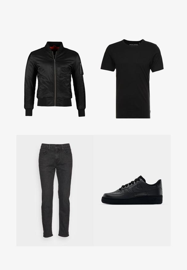 Schwarze Bomberjacke aus glänzendem Nylon mit einem Frontreißverschluss, gerippten Bündchen und einer Reißverschlusstasche am linken Ärmel. Das Innenfutter ist leuchtend rot.; Schwarzes T-Shirt mit kurzen Ärmeln aus Baumwolle, mit einem Rundhalsausschnitt und einem dezenten Logo-Tag an der Seite. Einfaches und vielseitiges Design.; Schwarze Denim-Jeans mit schlankem Schnitt, ausgestattet mit fünf Taschen, Gürtelschlaufen und subtilen Stitching-Details. Abgenutzte Textur entlang des Stoffes.; Schwarzer Nike Air Force 1 Schuh mit einem glatten Lederoberteil, perforierter Zehenpartie für Atmungsaktivität, schwarzen Schnürsenkeln und einer strukturierten Gummisohle.