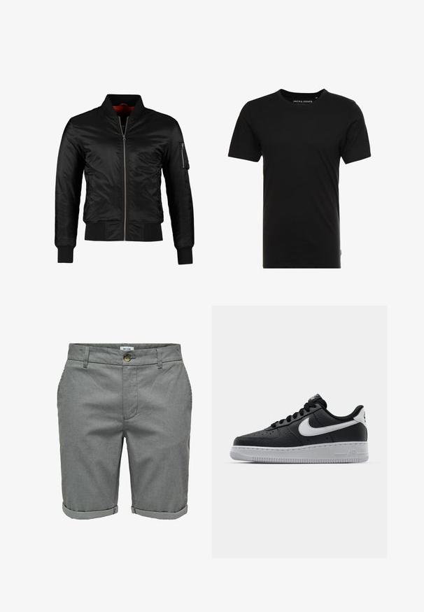 Veste bomber noire en nylon brillant avec une fermeture éclair à l'avant, des poignets côtelés et une poche zippée sur la manche gauche. L'intérieur est de couleur rouge vif.; T-shirt noir à manches courtes en coton, avec un col rond et une étiquette logo discrète sur le côté. Design simple et polyvalent.; Shorts gris en tissu texturé, dotés d'une fermeture à bouton, de poches latérales et de revers roulés pour un look soigné.; Baskets en cuir noir avec surface texturée, swoosh Nike blanc, semelle grise, bout rond et design à lacets. Comprend des perforations sur la boîte à orteils.