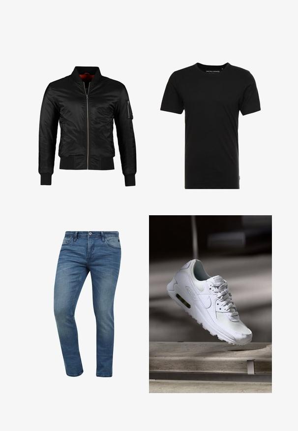 Schwarze Bomberjacke aus glänzendem Nylon mit einem Frontreißverschluss, gerippten Bündchen und einer Reißverschlusstasche am linken Ärmel. Das Innenfutter ist leuchtend rot.; Schwarzes T-Shirt mit kurzen Ärmeln aus Baumwolle, mit einem Rundhalsausschnitt und einem dezenten Logo-Tag an der Seite. Einfaches und vielseitiges Design.; Schmale, blaue Denim-Jeans mit verblasster Waschung, fünf Taschen-Design und einem Metallknopfverschluss. Der Stoff weist eine leichte Textur und Stickdetails auf.; Weiße Nike Air Max 90 Sneaker mit einem Obermaterial aus Mesh und Leder, durchlässigem Zehenbereich und einer sichtbaren Air-Einheit in der Ferse.