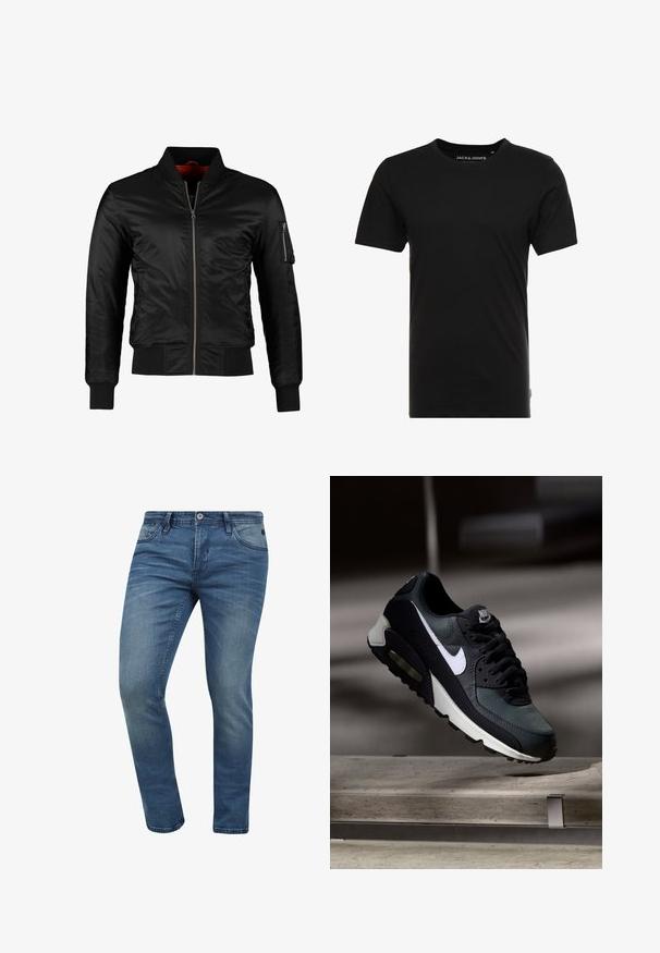 Sort bomberjakke lavet af skinnende nylon med frontlynlås, ribbede manchetter og en lynlåslomme på venstre ærme. Indersiden er lys rød.; Sort t-shirt med korte ærmer lavet af bomuld, med rund hals og en diskret logoetiket på siden. Simpelt og alsidigt design.; Tætsiddende blå denim jeans med en falmet vask, fem lomme-design og lukning med metalknap. Stoffet har en let tekstur og syninger.; Sort og grå Nike Air Max sneaker med hvid swoosh, ophængt over en betongulv mod en sløret mørk baggrund.