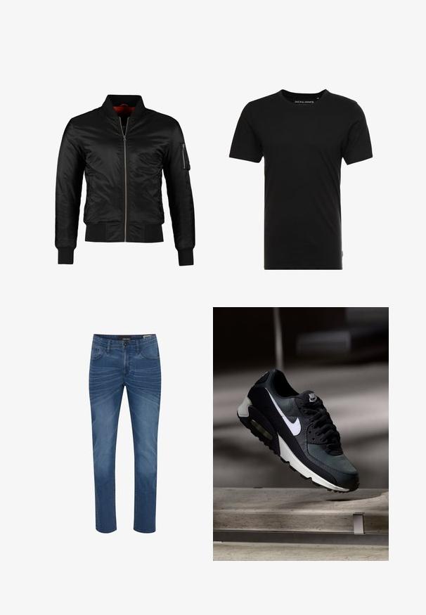 Schwarze Bomberjacke aus glänzendem Nylon mit einem Frontreißverschluss, gerippten Bündchen und einer Reißverschlusstasche am linken Ärmel. Das Innenfutter ist leuchtend rot.; Schwarzes T-Shirt mit kurzen Ärmeln aus Baumwolle, mit einem Rundhalsausschnitt und einem dezenten Logo-Tag an der Seite. Einfaches und vielseitiges Design.; Denim-Jeans in einem mittleren Blauton mit geradem Schnitt. Zu den Merkmalen gehören das klassische Fünf-Taschen-Design und dezente Verblassungsmuster auf dem Stoff.; Schwarzer und grauer Nike Air Max Sneaker mit weißem Swoosh, schwebend über einer Betonfläche vor einem verschwommenen dunklen Hintergrund.