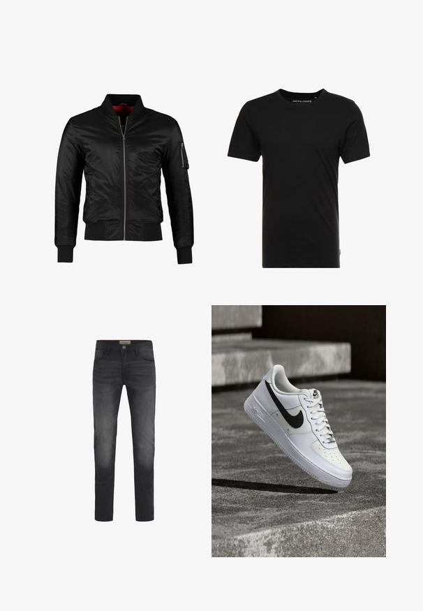 Schwarze Bomberjacke aus glänzendem Nylon mit einem Frontreißverschluss, gerippten Bündchen und einer Reißverschlusstasche am linken Ärmel. Das Innenfutter ist leuchtend rot.; Schwarzes T-Shirt mit kurzen Ärmeln aus Baumwolle, mit einem Rundhalsausschnitt und einem dezenten Logo-Tag an der Seite. Einfaches und vielseitiges Design.; Dunkelblaue Jeans mit Slim-Fit-Schnitt, Knopfverschluss, fünf Taschen und einem leichten Ausbleichungseffekt an den Oberschenkeln.; Weißer Nike Air Force 1 Sneaker mit schwarzem Swoosh, geschnürten Schnürsenkeln, schwebend in der Luft über einer strukturierten Betonoberfläche im Freien.