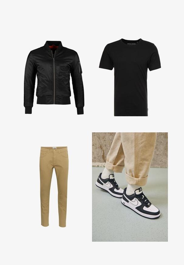 Schwarze Bomberjacke aus glänzendem Nylon mit einem Frontreißverschluss, gerippten Bündchen und einer Reißverschlusstasche am linken Ärmel. Das Innenfutter ist leuchtend rot.; Schwarzes T-Shirt mit kurzen Ärmeln aus Baumwolle, mit einem Rundhalsausschnitt und einem dezenten Logo-Tag an der Seite. Einfaches und vielseitiges Design.; Beige Chinos im Slim-Fit. Hergestellt aus einem Baumwollmischgewebe, mit zwei seitlichen Taschen und einer einzelnen Gesäßtasche, abgeschlossen mit einer Knopfschließe.; Schwarz-weiße Nike Air Force 1 Sneaker mit einem Obermaterial aus Leder, perforierter Zehenpartie und strukturiertem Sohlendesign, getragen mit aufgerollten beigen Hosen und weißen Socken.