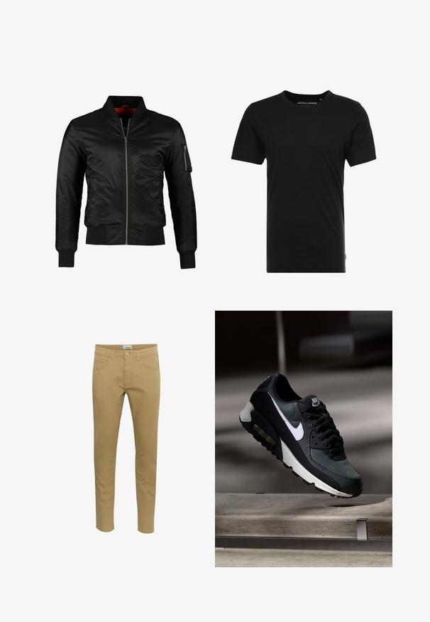 Sort bomberjakke lavet af skinnende nylon med frontlynlås, ribbede manchetter og en lynlåslomme på venstre ærme. Indersiden er lys rød.; Sort t-shirt med korte ærmer lavet af bomuld, med rund hals og en diskret logoetiket på siden. Simpelt og alsidigt design.; Beige chinos med slim fit. Fremstillet af en blanding af bomuldsstof, med to sidelommer og en enkelt baglomme, afsluttet med en knaplukning.; Sort og grå Nike Air Max sneaker med hvid swoosh, ophængt over en betongulv mod en sløret mørk baggrund.