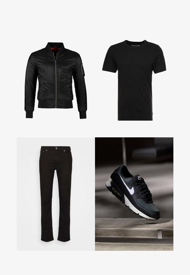 Sort bomberjakke lavet af skinnende nylon med frontlynlås, ribbede manchetter og en lynlåslomme på venstre ærme. Indersiden er lys rød.; Sort t-shirt med korte ærmer lavet af bomuld, med rund hals og en diskret logoetiket på siden. Simpelt og alsidigt design.; Sorte denim jeans med lige ben, der har et klassisk fem-lomme design, metal knaplukning og diskrete syninger.; Sort og grå Nike Air Max sneaker med hvid swoosh, ophængt over en betongulv mod en sløret mørk baggrund.