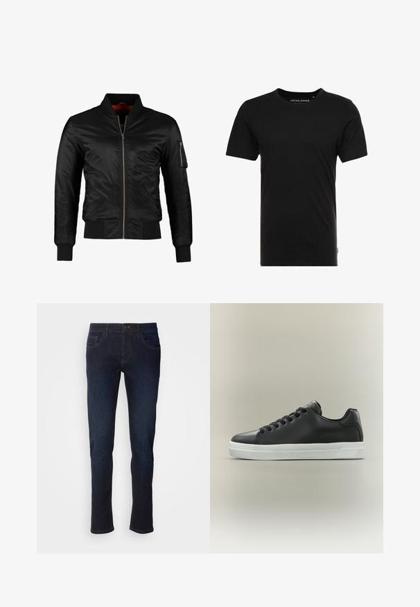 Schwarze Bomberjacke aus glänzendem Nylon mit einem Frontreißverschluss, gerippten Bündchen und einer Reißverschlusstasche am linken Ärmel. Das Innenfutter ist leuchtend rot.; Schwarzes T-Shirt mit kurzen Ärmeln aus Baumwolle, mit einem Rundhalsausschnitt und einem dezenten Logo-Tag an der Seite. Einfaches und vielseitiges Design.; Dunkelblaue Jeans aus Denim mit geradem Bein, ausgestattet mit Fronttaschen, einem Reißverschluss und dezenten Nähdetails.; Schwarzer Leder-Sneaker in Low-Top-Design mit schwarzen Schnürsenkeln und weißer Gummisohle vor neutralem Hintergrund, Seitenansicht.