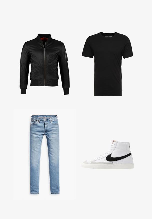 Schwarze Bomberjacke aus glänzendem Nylon mit einem Frontreißverschluss, gerippten Bündchen und einer Reißverschlusstasche am linken Ärmel. Das Innenfutter ist leuchtend rot.; Schwarzes T-Shirt mit kurzen Ärmeln aus Baumwolle, mit einem Rundhalsausschnitt und einem dezenten Logo-Tag an der Seite. Einfaches und vielseitiges Design.; Helle blaue Jeans, gerade geschnitten, mit fünf Taschen, Reißverschluss und Knopfverschluss. Glatte Textur mit dezenten Ausbleichungen.; Weiße High-Top-Sneaker mit einem schwarzen Swoosh, strukturiertem grauen Zehenkappeneinsatz und flacher weißer Sohle. Verfügt über sechs Ösen und genähte Akzente.