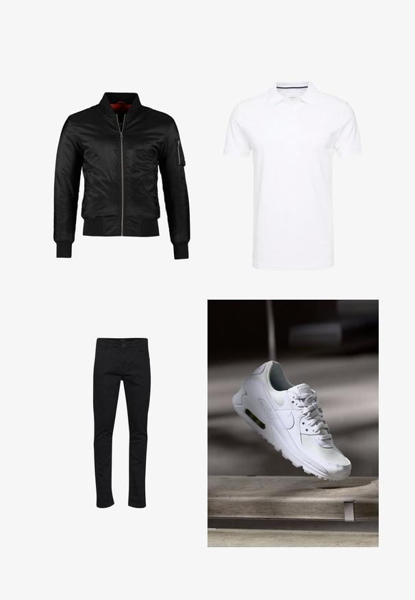 Veste bomber noire en nylon brillant avec une fermeture éclair à l'avant, des poignets côtelés et une poche zippée sur la manche gauche. L'intérieur est de couleur rouge vif.; Polo shirt blanc en coton, avec un col traditionnel, des manches courtes et une patte de boutonnage à trois boutons, avec des accents navy discrets à l'intérieur.; Jean noir en denim avec une coupe slim, présentant un design classique à cinq poches, des coutures robustes et une fermeture éclair avec un bouton.; Sneaker Nike Air Max 90 blanche avec une tige en mesh et cuir, une boîte à orteils perforée et une unité air visible au talon.