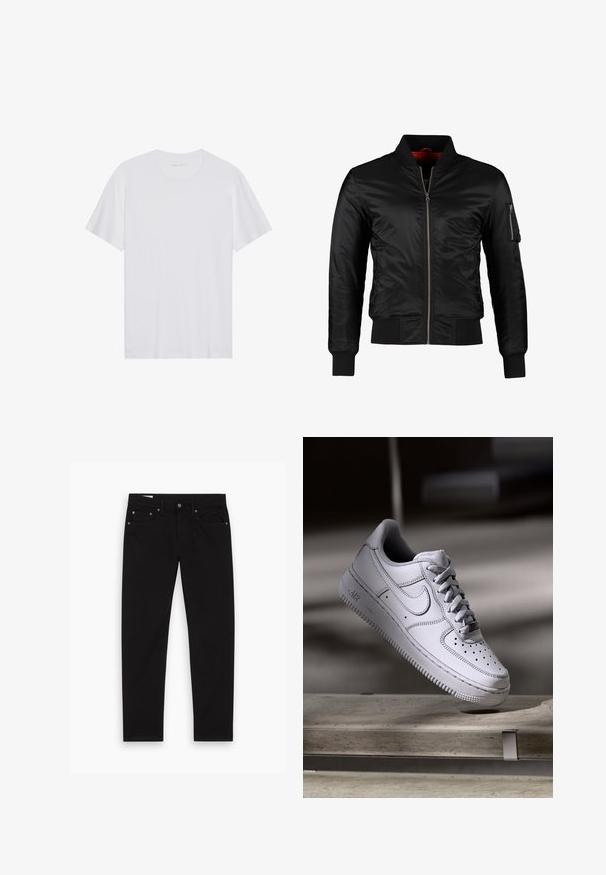 Veste bomber noire en nylon brillant avec une fermeture éclair à l'avant, des poignets côtelés et une poche zippée sur la manche gauche. L'intérieur est de couleur rouge vif.; T-shirt en coton blanc à manches courtes, col rond et texture lisse. Présente un branding minimal au niveau du col.; Jean noir à jambe droite avec poches avant et arrière, passants de ceinture, et fermeture à bouton et zip, posé à plat sur un fond blanc.; La basket Nike Air Force 1 en cuir blanc présente un embout perforé, des lacets plats et une semelle en caoutchouc texturée avec le logo « AIR » sur le côté.