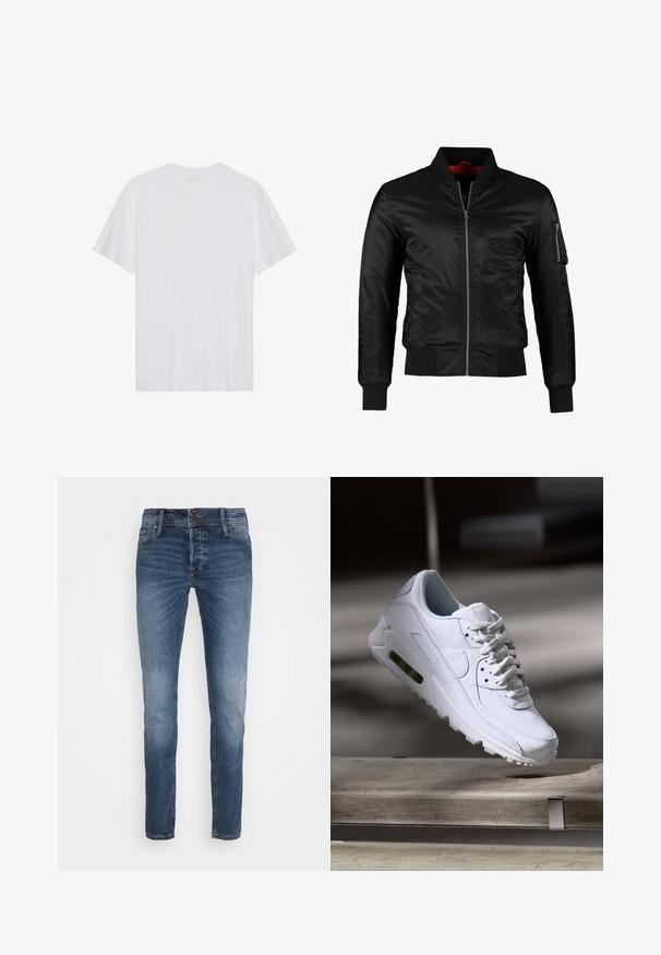 Veste bomber noire en nylon brillant avec une fermeture éclair à l'avant, des poignets côtelés et une poche zippée sur la manche gauche. L'intérieur est de couleur rouge vif.; T-shirt en coton blanc à manches courtes, col rond et texture lisse. Présente un branding minimal au niveau du col.; Jean en denim bleu pour homme, coupe slim, avec un effet délavé, fermeture à bouton frontal et fermeture éclair, et design à cinq poches.; Baskets blanches en cuir avec des surfaces texturées, un col rembourré et un amorti d'air visible dans la semelle. Elles possèdent des lacets et un design minimaliste.