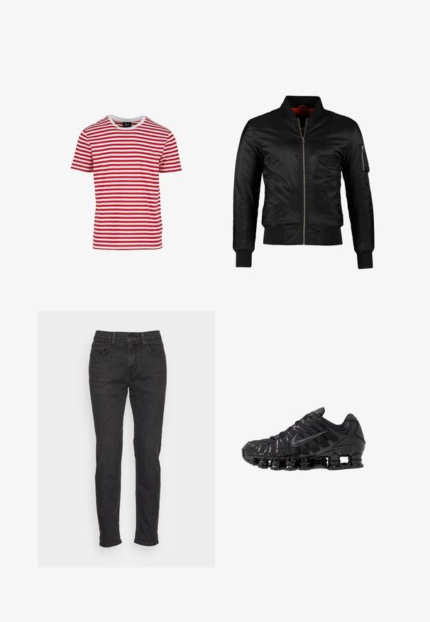 Chaqueta bomber negra hecha de nylon brillante con cierre frontal, puños acanalados y un bolsillo con cremallera en la manga izquierda. El interior es de un rojo brillante.; Camiseta de manga corta a rayas rojas y blancas con cuello redondo, hecha de una tela de textura suave. Presenta rayas horizontales uniformes.; Vaqueros de mezclilla negra con un corte ajustado, que cuentan con cinco bolsillos, trabillas para cinturón y detalles de costura sutiles. Textura desgastada a lo largo de la tela.; Zapatillas deportivas negras fabricadas con malla y materiales sintéticos, con un diseño ondulado distintivo, suela de goma negra y detalles reflectantes.