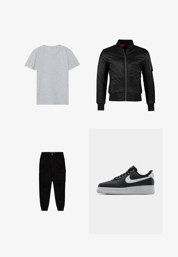 Veste bomber noire en nylon brillant avec une fermeture éclair à l'avant, des poignets côtelés et une poche zippée sur la manche gauche. L'intérieur est de couleur rouge vif.; T-shirt gris à manches courtes en mélange de coton doux, avec un col rond classique et une texture lisse et légère.; Pantalons cargo noirs en coton, dotés de deux poches avant et de deux poches cargo sur les côtés, avec des poignets et une taille élastiqués.; Baskets en cuir noir avec surface texturée, swoosh Nike blanc, semelle grise, bout rond et design à lacets. Comprend des perforations sur la boîte à orteils.