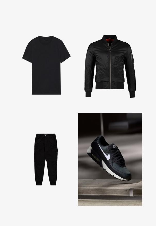 Veste bomber noire en nylon brillant avec une fermeture éclair à l'avant, des poignets côtelés et une poche zippée sur la manche gauche. L'intérieur est de couleur rouge vif.; T-shirt en coton noir à manches courtes et col rond. Le tissu a une texture lisse et un design simple et uni.; Pantalons cargo noirs en coton, dotés de deux poches avant et de deux poches cargo sur les côtés, avec des poignets et une taille élastiqués.; Baskets Nike Air Max noires et grises avec un logo blanc, suspendues au-dessus d'une surface en béton sur un fond sombre flou.
