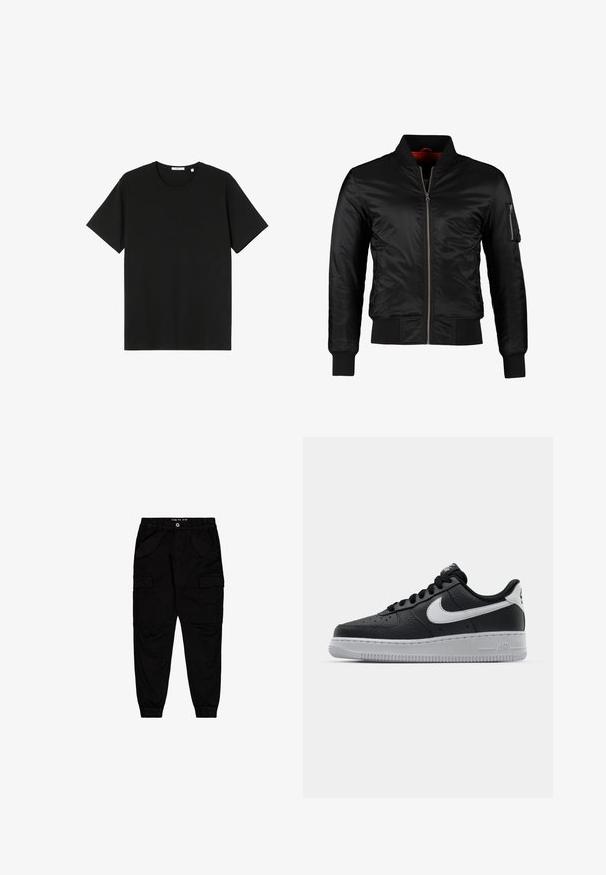 Veste bomber noire en nylon brillant avec une fermeture éclair à l'avant, des poignets côtelés et une poche zippée sur la manche gauche. L'intérieur est de couleur rouge vif.; T-shirt noir à manches courtes en coton. Encolure ronde, coupe décontractée, texture lisse, sans motifs ni graphiques visibles.; Pantalons cargo noirs en coton, dotés de deux poches avant et de deux poches cargo sur les côtés, avec des poignets et une taille élastiqués.; Baskets en cuir noir avec surface texturée, swoosh Nike blanc, semelle grise, bout rond et design à lacets. Comprend des perforations sur la boîte à orteils.
