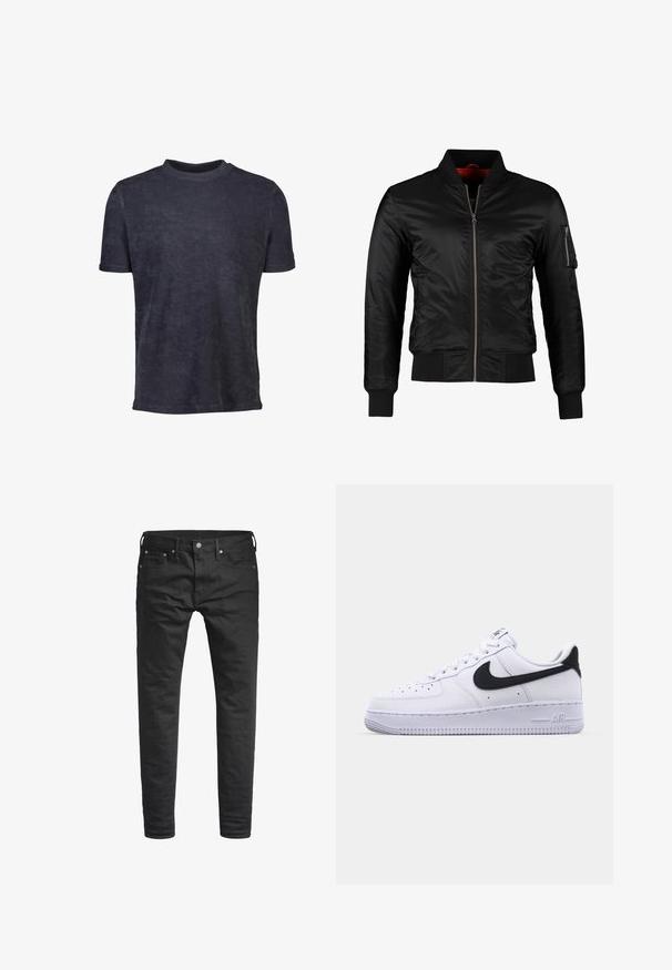 Schwarze Bomberjacke aus glänzendem Nylon mit einem Frontreißverschluss, gerippten Bündchen und einer Reißverschlusstasche am linken Ärmel. Das Innenfutter ist leuchtend rot.; Dunkelblaues T-Shirt mit kurzen Ärmeln aus weichem Stoff. Mit Rundhalsausschnitt und glatter Textur, mit minimaler Ausstattung.; Schwarze Slim-Fit-Jeans mit Fronttaschen, Gürtelschlaufen und einer Knopfverschluss, vor einem weißen Hintergrund präsentiert.; Weißes Leder-Sneaker mit einem strukturierten schwarzen Swoosh, flachen Schnürsenkeln und einer Gummisohle mit genoppetem Muster. "AIR" ist auf der Ferse eingeprägt.