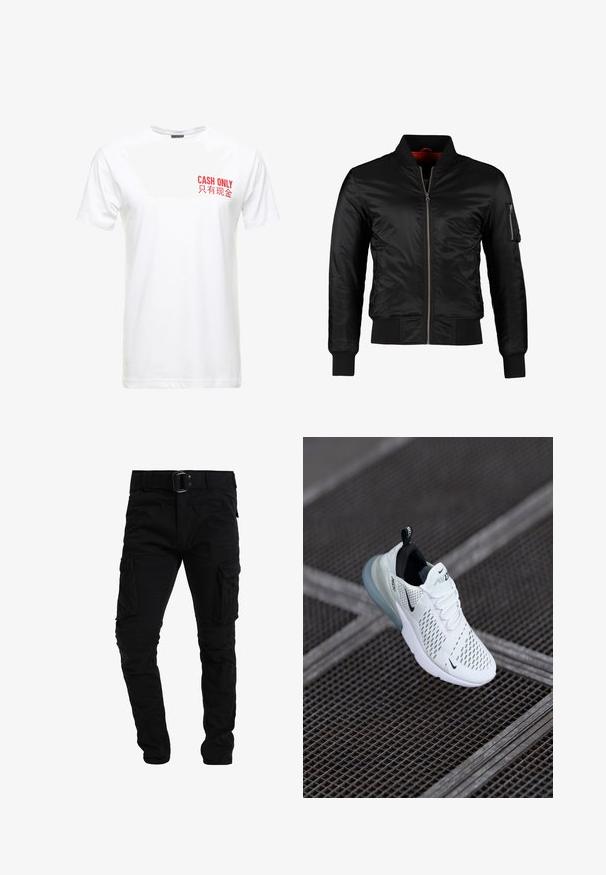 Schwarze Bomberjacke aus glänzendem Nylon mit einem Frontreißverschluss, gerippten Bündchen und einer Reißverschlusstasche am linken Ärmel. Das Innenfutter ist leuchtend rot.; Weißes Baumwoll-T-Shirt mit kurzen Ärmeln, das auf der linken Brust rot bedruckten Text mit der Aufschrift "NUR BARZAHLUNG" und seiner chinesischen Entsprechung zeigt.; Schwarze Cargo-Hose mit Gürtel, die mehrere Seitentaschen, eine schlanke Passform und einen strukturierten Stoff aufweist. Das Design betont Funktionalität und Langlebigkeit.; Weißer Sportschuh mit perforiertem Mesh-Obermaterial, schwarzen Akzenten, sichtbaren Schnürsenkeln und einer durchsichtigen Luftpolstersohle.