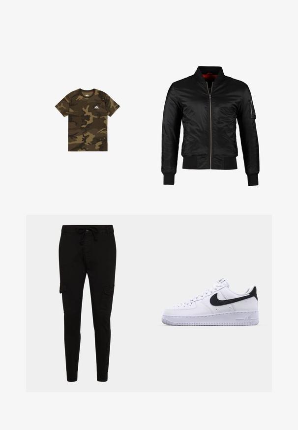 Veste bomber noire en nylon brillant avec une fermeture éclair à l'avant, des poignets côtelés et une poche zippée sur la manche gauche. L'intérieur est de couleur rouge vif.; T-shirt camouflage en vert olive, marron et noir, à manches courtes, col rond, avec un petit logo blanc sur la poitrine. Matière en coton doux.; Pantalons cargo noirs avec taille à cordon de serrage, coupe fuselée, deux poches latérales et deux poches cargo. Fabriqués en tissu uni, texture lisse.; Sneaker en cuir blanc avec un Swoosh noir texturé, des lacets plats et une semelle en caoutchouc avec un motif strié. "AIR" est embossé sur le talon.