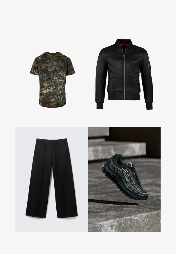Chaqueta bomber negra hecha de nylon brillante con cierre frontal, puños acanalados y un bolsillo con cremallera en la manga izquierda. El interior es de un rojo brillante.; Camiseta de camuflaje hecha de algodón, con un estampado multicolor en verde, marrón y negro. Cuello redondo y mangas cortas.; Pantalones negros de pierna ancha con trabillas para cinturón, bolsillos delanteros y cierre de cremallera, exhibidos sobre un fondo gris claro.; Zapatilla Nike Air Max negra y gris flotando sobre escalones de hormigón gris con fondo de suelo texturizado.