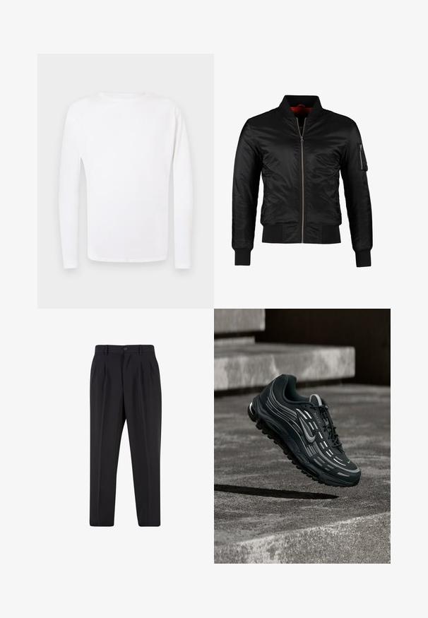 Chaqueta bomber negra hecha de nylon brillante con cierre frontal, puños acanalados y un bolsillo con cremallera en la manga izquierda. El interior es de un rojo brillante.; Camisa de manga larga blanca de cuello redondo mostrada plana sobre un fondo gris claro.; Pantalones negros a medida con pliegues delanteros, trabillas para cinturón y cierre con botón en la cintura.; Zapatilla Nike Air Max negra y gris flotando sobre escalones de hormigón gris con fondo de suelo texturizado.