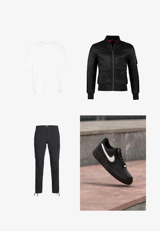 Chaqueta bomber negra hecha de nylon brillante con cierre frontal, puños acanalados y un bolsillo con cremallera en la manga izquierda. El interior es de un rojo brillante.; Camiseta blanca de manga corta en una suave mezcla de algodón. Presenta un cuello redondo y un logotipo sutil en el dobladillo inferior. Corte recto y ajuste relajado.; Pantalones cargo negros hechos de tela ligera, con múltiples bolsillos laterales y puños ajustables con cordón para un ajuste personalizado.; Zapatilla Nike Air Force 1 negra con el logo de la marca en blanco, flotando sobre una superficie de piedra y un fondo de pared gris texturizada.