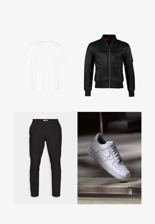 Chaqueta bomber negra hecha de nylon brillante con cierre frontal, puños acanalados y un bolsillo con cremallera en la manga izquierda. El interior es de un rojo brillante.; Camiseta blanca de manga corta en una suave mezcla de algodón. Presenta un cuello redondo y un logotipo sutil en el dobladillo inferior. Corte recto y ajuste relajado.; Pantalones negros ajustados de corte entallado. Cuentan con cremallera, cierre de botón, bolsillos laterales y una tela suave y ligera.; Zapatilla Nike Air Force 1 de cuero blanco que presenta una puntera perforada, cordones planos y una suela de goma texturizada con la marca "AIR" en el lateral.