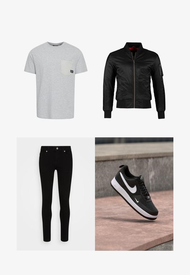Veste bomber noire en nylon brillant avec une fermeture éclair à l'avant, des poignets côtelés et une poche zippée sur la manche gauche. L'intérieur est de couleur rouge vif.; T-shirt gris à manches courtes en tissu doux, avec une poche de couleur gris clair en contraste et une petite étiquette logo près de la poche.; Jean skinny noir avec une texture lisse, conception à cinq poches, fermeture à bouton sur le devant et silhouette épurée. Style minimaliste sans motifs visibles.; Baskets Nike Air Force 1 noir et blanc suspendues au-dessus d'une surface en béton rose avec un fond en pierre grise.