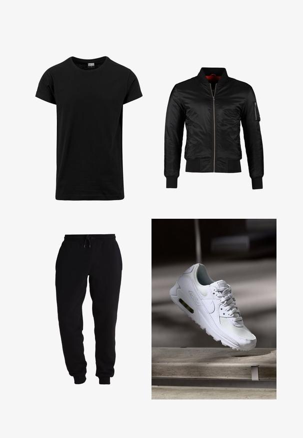 Sort bomberjakke lavet af skinnende nylon med frontlynlås, ribbede manchetter og en lynlåslomme på venstre ærme. Indersiden er lys rød.; Sort t-shirt lavet af bomuld, med en klassisk rund halsudskæring, korte oprollende ærmer og en lige kant. Enkel, ensfarvet design uden mønstre.; Svarte sweatpants lavet af blødt stof, med en elastisk talje med snor, tapered benåbninger og sidelommer.; Hvide Nike Air Max 90 sneakers med en overdel i mesh og læder, perforeret tåboks og en synlig luftenhed i hælen.