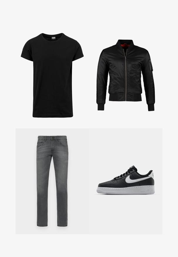 Schwarze Bomberjacke aus glänzendem Nylon mit einem Frontreißverschluss, gerippten Bündchen und einer Reißverschlusstasche am linken Ärmel. Das Innenfutter ist leuchtend rot.; Schwarzes T-Shirt aus Baumwolle, mit klassischem Rundhalsausschnitt, kurzen, umgeschlagenen Ärmeln und geradem Saum. Einfaches, einfarbiges Design ohne Muster.; Graue Denim-Jeans mit einem klassischen geraden Schnitt, ausgestattet mit einem standardmäßigen Fünf-Taschen-Design und einer subtilen, durchgehenden Ausbleichung.; Schwarze Ledersneaker mit strukturierten Oberflächen, weißem Nike-Swoosh, grauer Sohle, runder Zehenpartie und Schnürdesign. Verfügt über Perforationen an der Zehenbox.