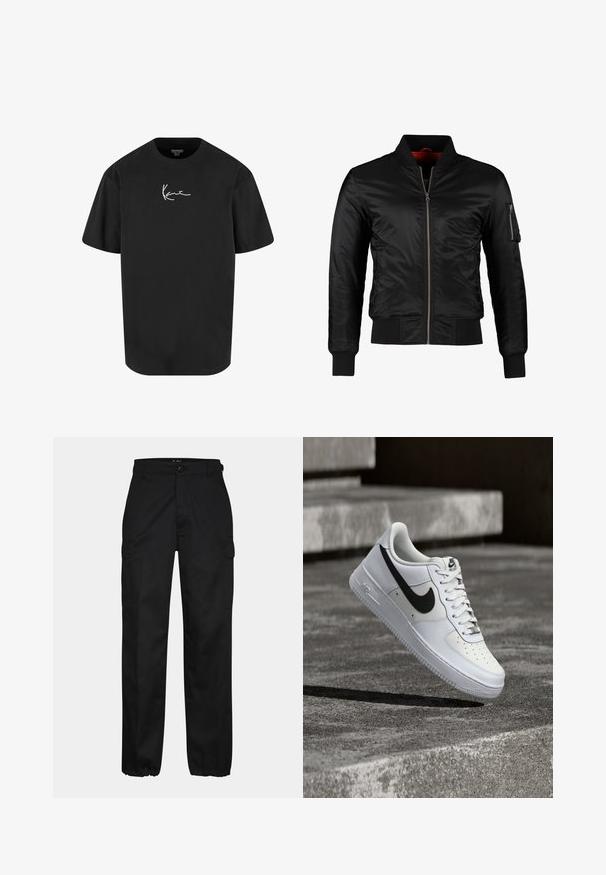 Schwarze Bomberjacke aus glänzendem Nylon mit einem Frontreißverschluss, gerippten Bündchen und einer Reißverschlusstasche am linken Ärmel. Das Innenfutter ist leuchtend rot.; Schwarzes Baumwoll-T-Shirt mit kurzen Ärmeln, Rundhalsausschnitt und einem weißen Signaturlogo, das auf der Vorderseite gedruckt ist. Glatte Textur und lässige Passform.; Schwarze Cargo-Hosen mit geradem Schnitt, ausgestattet mit Seitentaschen, einem Knopfverschluss und elastischen Bündchen an den Knöcheln. Hergestellt aus strapazierfähigem Material.; Weißer Nike Air Force 1 Sneaker mit schwarzem Swoosh, geschnürten Schnürsenkeln, schwebend in der Luft über einer strukturierten Betonoberfläche im Freien.