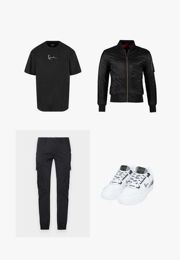 Schwarze Bomberjacke aus glänzendem Nylon mit einem Frontreißverschluss, gerippten Bündchen und einer Reißverschlusstasche am linken Ärmel. Das Innenfutter ist leuchtend rot.; Schwarzes Baumwoll-T-Shirt mit kurzen Ärmeln, Rundhalsausschnitt und einem weißen Signaturlogo, das auf der Vorderseite gedruckt ist. Glatte Textur und lässige Passform.; Schwarze Slim-Fit-Cargohosen mit Vordertaschen, seitlichen Klappentaschen, Gürtelschlaufen, Knopfverschluss und elastischen Bündchen an den Knöcheln.; Weiße Sportschuhe mit einem glatten Lederobermaterial, grauen Akzenten an der Zunge und Ferse sowie einem schwarzen Logodetail an der Seite.