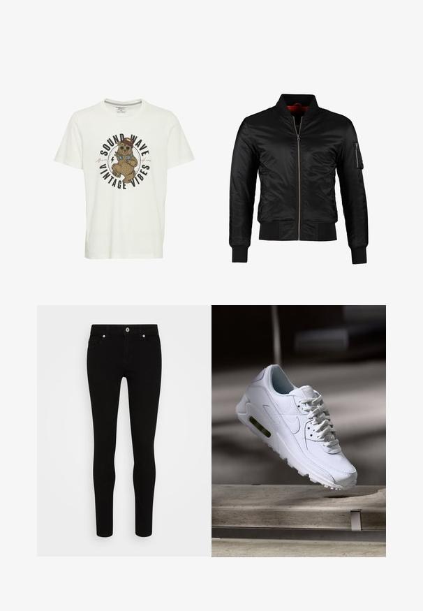 Schwarze Bomberjacke aus glänzendem Nylon mit einem Frontreißverschluss, gerippten Bündchen und einer Reißverschlusstasche am linken Ärmel. Das Innenfutter ist leuchtend rot.; Weißes Baumwoll-T-Shirt mit einem Grafikdruck eines Bären in Sonnenbrille und Hut, mit dem Text "SOUND WAVE VINTAGE VIBES" in fetter Schrift.; Schwarze Skinny-Jeans mit glatter Textur, Fünf-Taschen-Design, vorderer Knopfverschluss und schlankem Schnitt. Minimalistischer Stil ohne sichtbare Muster.; Weiße Lederturnschuhe mit strukturierten Oberflächen, gepolstertem Kragen und sichtbarer Luftpolsterung in der Sohle. Verfügt über Schnürsenkel und ein minimalistisches Design.